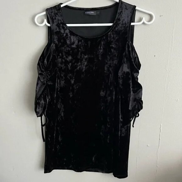 Black crushed velvet cold shoulder 3/4 ruched sleeve top club party Size L - Picture 2 of 6